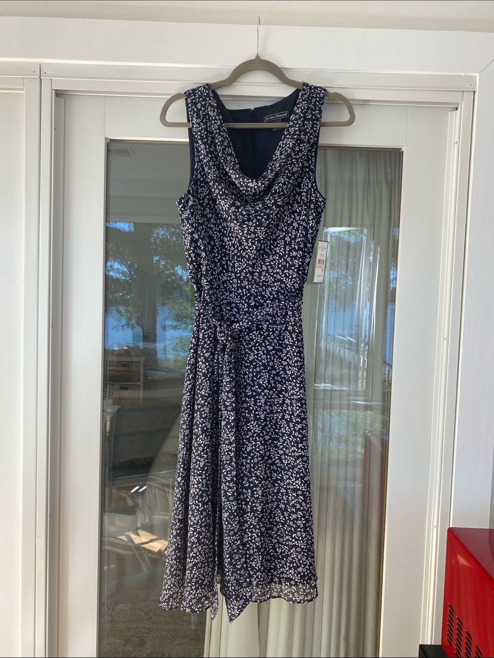 Jessica Howard Navy and White Floral Cowl-Neck Midi Dress